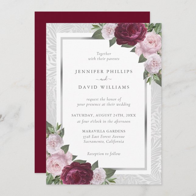 Bourgogne Blush et mariage argenté Invitations (Devant / Derrière)