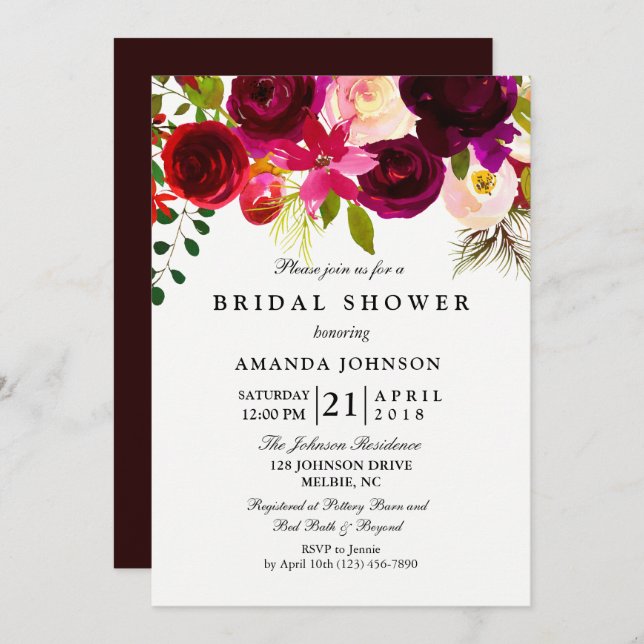 Bourgogne Blush Fleurs Invitation Douche nuptiale (Devant / Derrière)