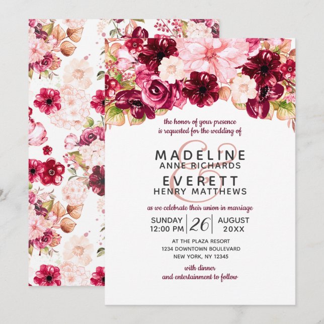 Bourgogne & Blush Floral Drop Wedding Invitations (Devant / Derrière)