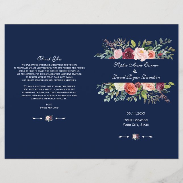 Bourgogne Blush Floral Frame Dark Blue Programme (Devant)