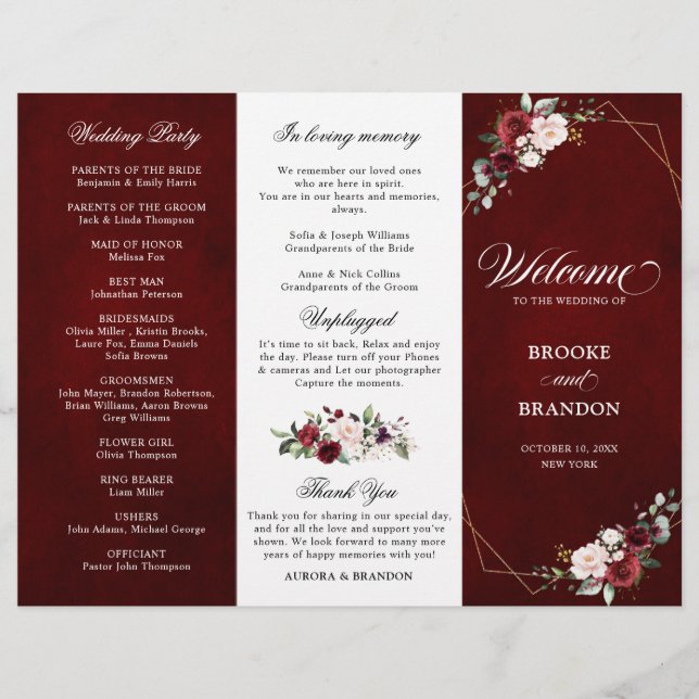 Bourgogne Blush Floral Moderne Mariage Programme (Devant)