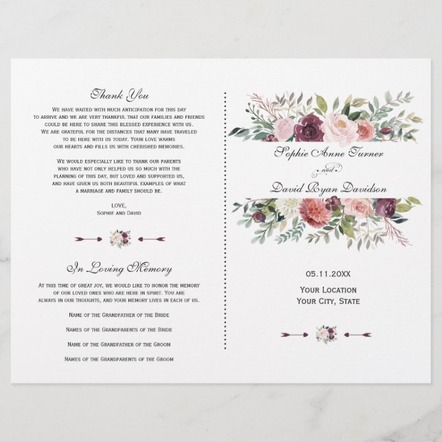 Bourgogne Blush Ivory Floral Frame Programme de ma (Devant)
