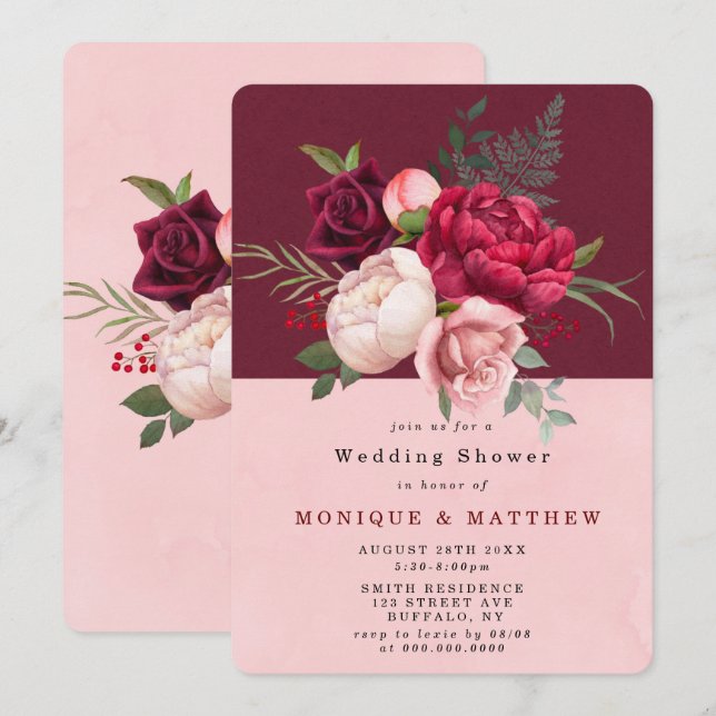 Bourgogne Blush rose Wedding shower Invitations (Devant / Derrière)