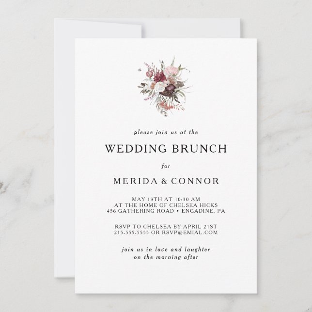 Bourgogne Boho Floral Mariage Brunch Invitation (Devant)