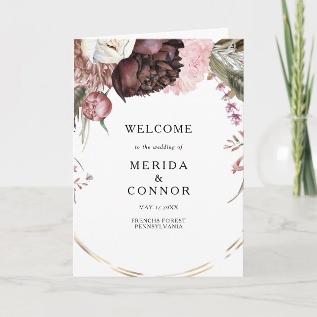 Bourgogne Boho Floral Programme de mariage plié (Devant)