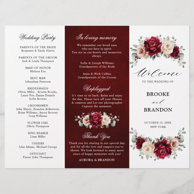 Bourgogne Champagne Ivory Mauve Wedding Programme (Devant)