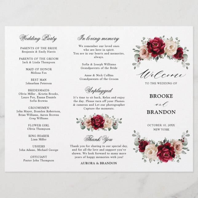 Bourgogne Champagne Ivory Mauve Wedding Programme (Devant)