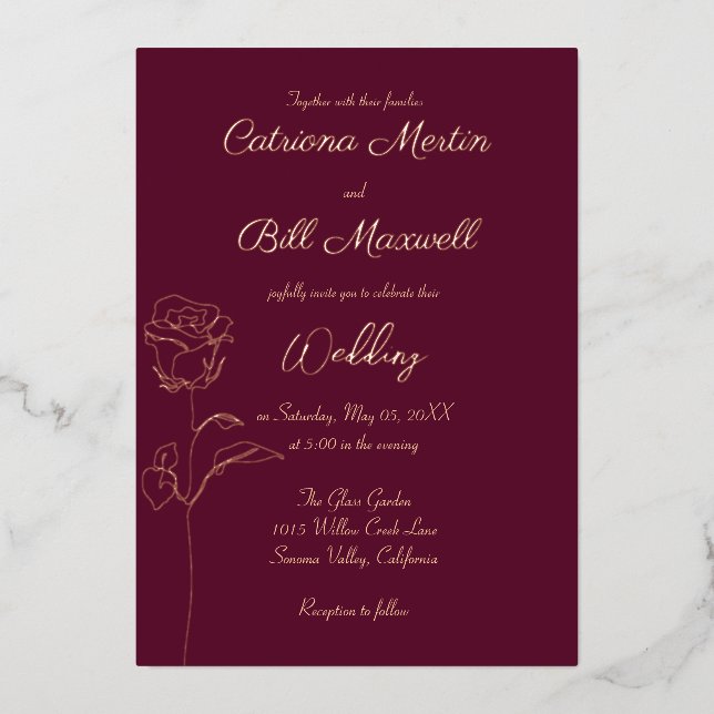 Bourgogne classique et Faire-part de mariage Rose  (Recto)