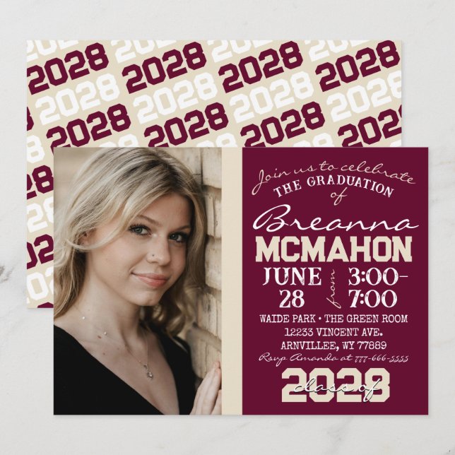 Bourgogne & Crème Tan Graduation Photo Invitation (Devant / Derrière)