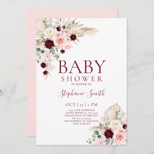 Bourgogne et Baby shower rose Invitation fille (Devant / Derrière)