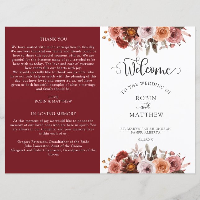 Bourgogne et Blush Floral Wedding Program (Devant)
