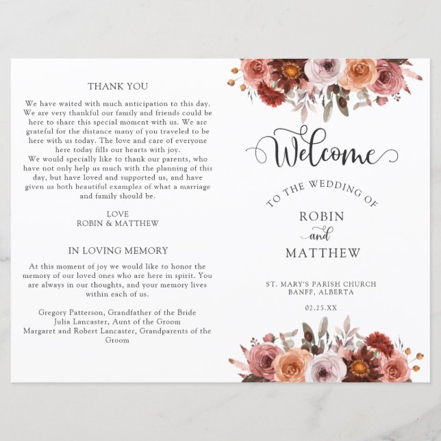 Bourgogne et Blush Floral Wedding Program (Devant)