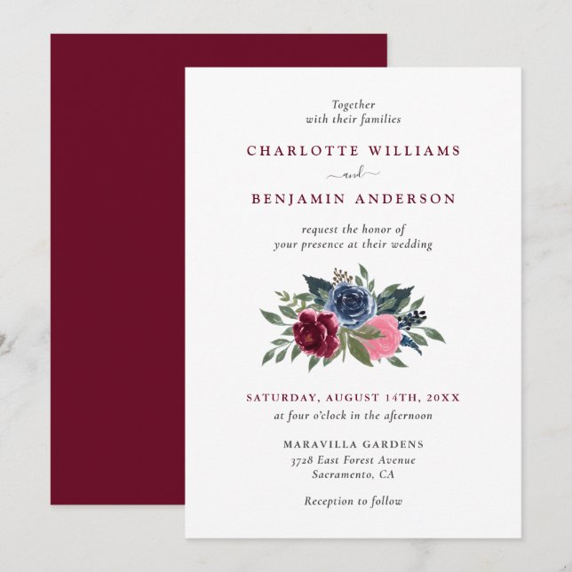 Bourgogne et marine Blue Floral Wedding Invitation (Devant / Derrière)