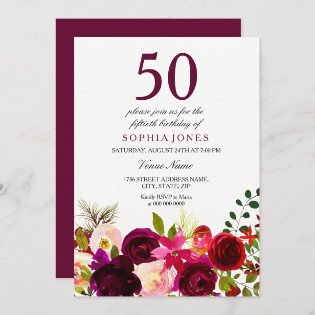 Bourgogne Fleurs 50e anniversaire Invitation (Devant / Derrière)