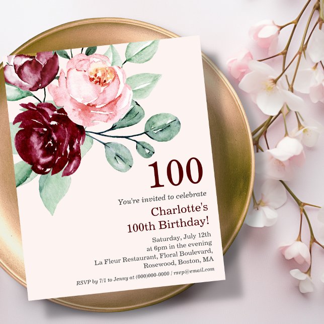 Bourgogne Floral 100e Budget Anniversaire Invitati (Créateur téléchargé)