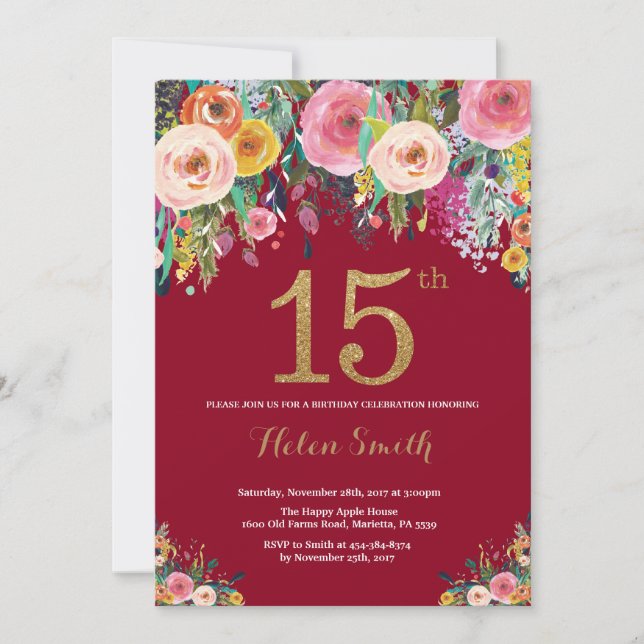 Bourgogne Floral 15e anniversaire Invitation Gold (Devant)