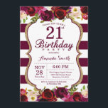 Bourgogne Floral 21e anniversaire Invitation<br><div class="desc">Bourgogne Floral 21ème anniversaire de fête Invitation pour femmes. Invitation de la fête d'anniversaire en Bourgogne rouge et or. Parties scintillant or. Fleur florale d'aquarelle Bourgogne. Burgundy et White Stripes. 13ème 15ème 16ème 18ème 20ème 21ème 30ème 40ème 50ème 60ème 70ème 80ème 90ème 100ème, tout âge. Numérique imprimable. Pour plus de...</div>