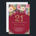 Bourgogne Floral 21e Anniversaire Invitation Or<br><div class="desc">Bourgogne Floral 21e Invitation d'anniversaire pour les femmes. Fleur florale aquarelle. Parties scintillant Noir et Or. Rose,  Jaune,  Orange,  Fleur Violette. Anniversaire adulte. Pour plus de personnalisation,  cliquez sur le bouton "Customiser" et utilisez notre outil de conception pour modifier ce modèle.</div>