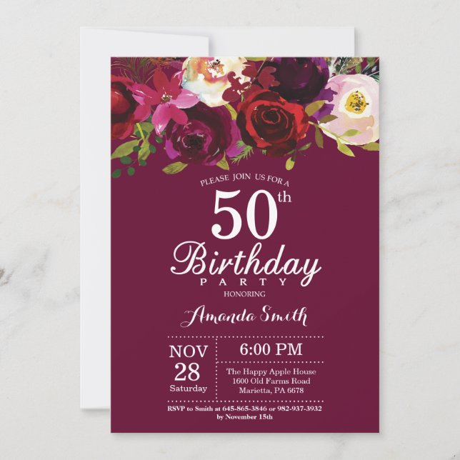 Bourgogne Floral 50e Anniversaire Invitation (Devant)