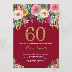 Bourgogne Floral 60e anniversaire Invitation Gold