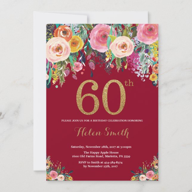 Bourgogne Floral 60e Anniversaire Invitation Or (Devant)