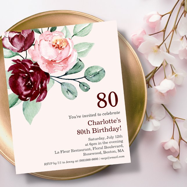 Bourgogne Floral 80e Budget Anniversaire Invitatio (Créateur téléchargé)