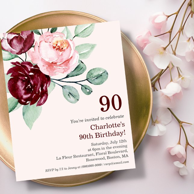 Bourgogne Floral 90e Budget Anniversaire Invitatio (Créateur téléchargé)