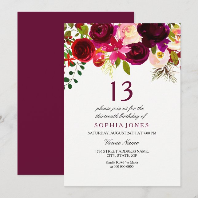 Bourgogne Floral Boho 13e anniversaire Invitation  (Devant / Derrière)