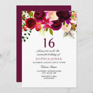 Bourgogne Floral Boho 16e anniversaire Invitation 