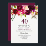 Bourgogne Floral Boho 40e anniversaire Invitation<br><div class="desc">Collection d'Invitations de la fête d'anniversaire Boho Floral Bourgogne 40e Collection de jumelage à Niche et Nest. Boho chic bordeaux rouge aquarelle blanche florale Belle aquarelle peinte à la main</div>