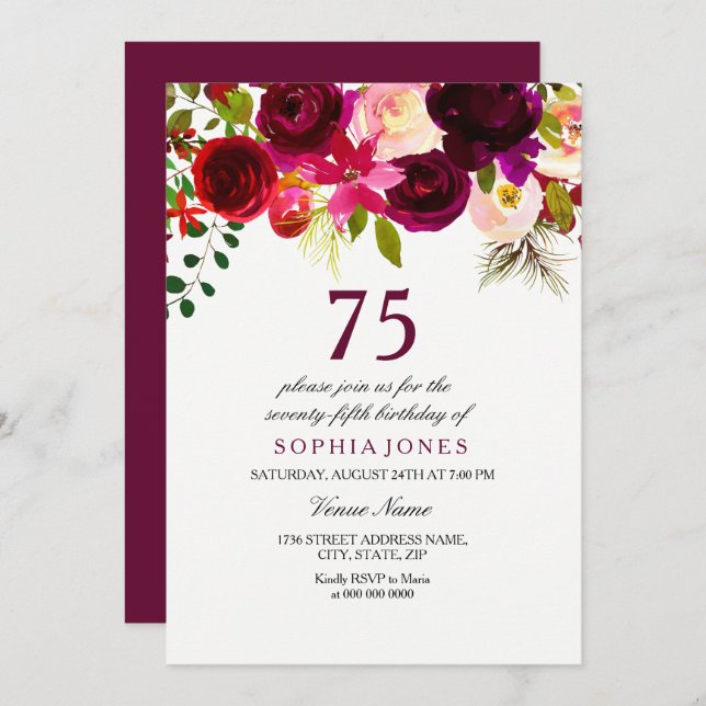 Bourgogne Floral Boho 75e anniversaire Invitation  (Devant / Derrière)