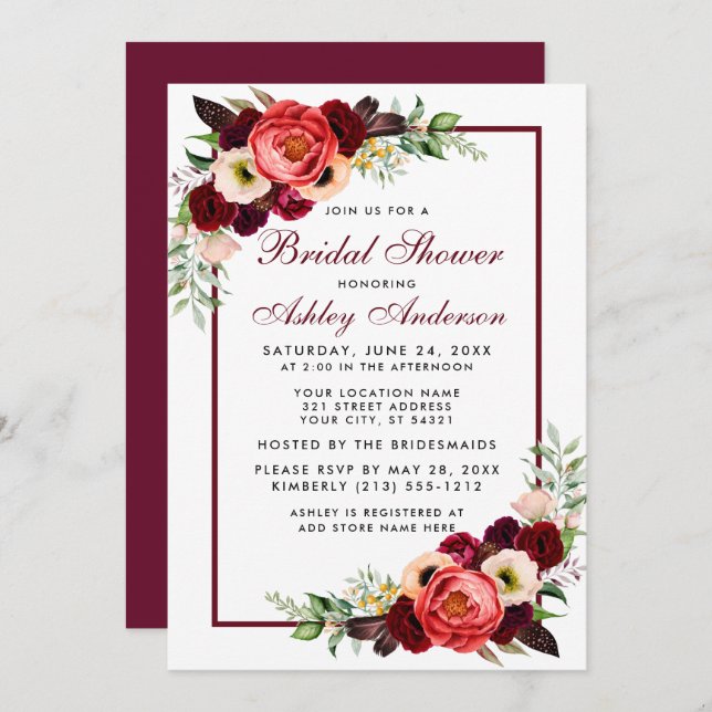 Bourgogne Floral Boho Fête des mariées Invitation  (Devant / Derrière)