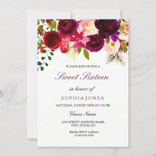 Bourgogne Floral Boho Sweet sixteen Invitation