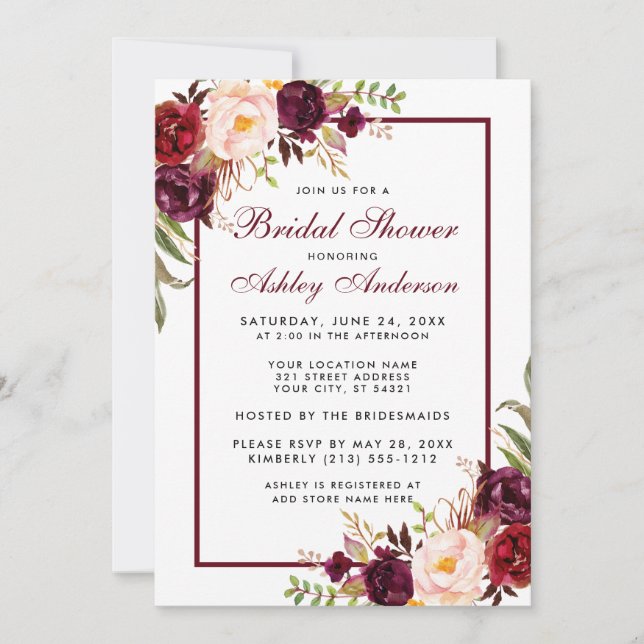Bourgogne Floral Bridal Show Invitation (Devant)