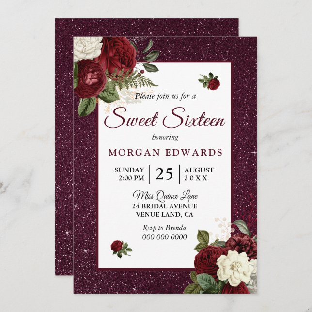 Bourgogne Floral Faux Metallic Sweet 16 Invitation (Devant / Derrière)