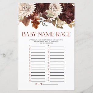 Bourgogne Floral Fleurs Nom Race Baby shower Jeu