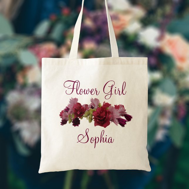 Bourgogne Floral Flower Sac fourre-tout Mariage (A pretty burgundy floral design with space for your Flower Girl's name.)