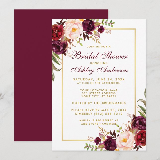 Bourgogne Floral Gold Bridal Invitation B (Devant / Derrière)