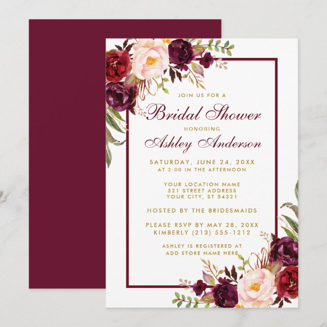 Bourgogne Floral Gold Bridal Invitation BF (Devant / Derrière)