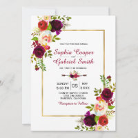 Bourgogne Floral Gold Frame Faire-part de mariage