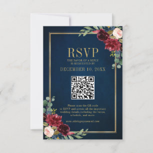 Bourgogne Floral Gold Frame Navy Blue QR code RSVP