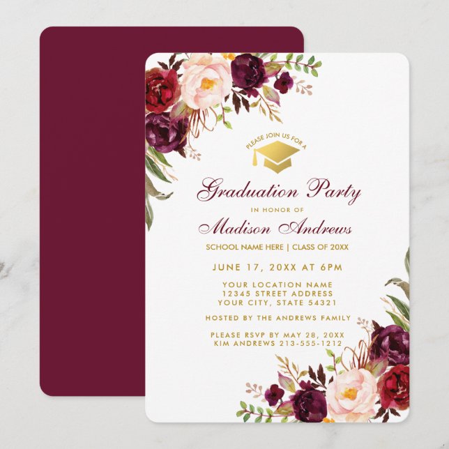 Bourgogne Floral Gold Graduation Party Invitation  (Devant / Derrière)