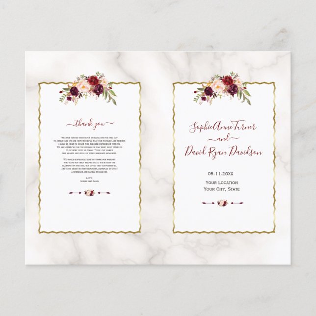 Bourgogne Floral Gold Marble Calligraphy Programme (Devant)