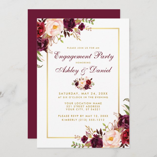 Bourgogne Floral Gold Mariage Invitation Fiançaill (Devant / Derrière)