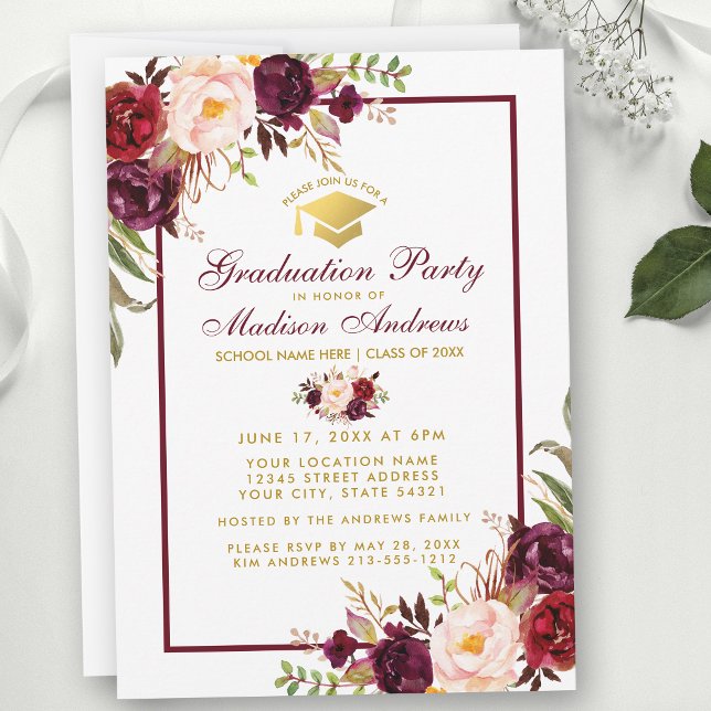 Bourgogne Floral Gold Party Invitation (Customize to change text size, text color or text style.)