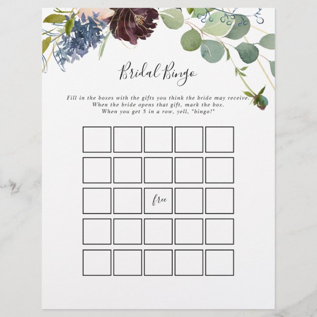 Bourgogne Floral Green Bridal Bingo Jeu (Devant)