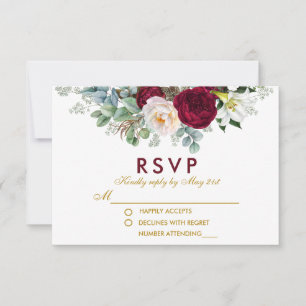 Bourgogne Floral Greenery Gold Wedding RSVP