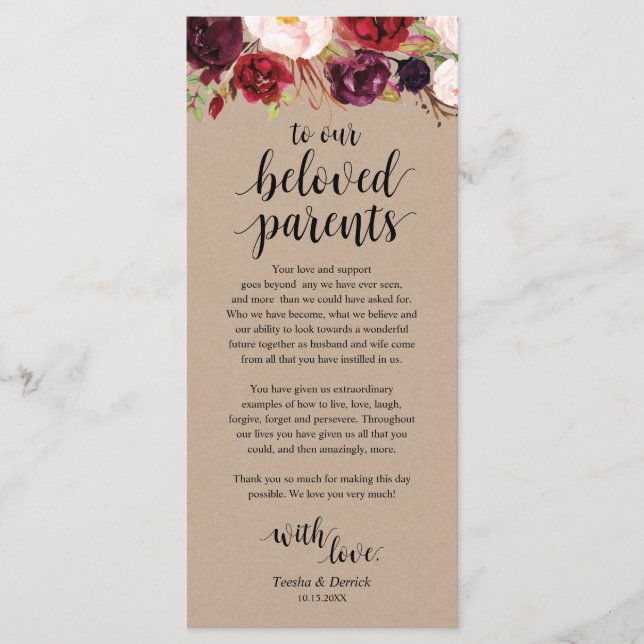 Bourgogne Floral Kraft Lieu Cadre Carte de remerci (Devant)