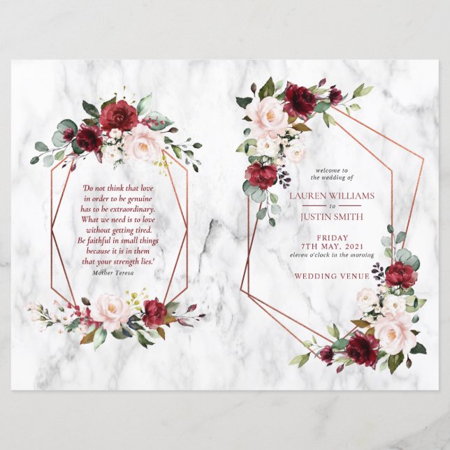 Bourgogne Floral Mariage Programme de 1/2 pages (Devant)