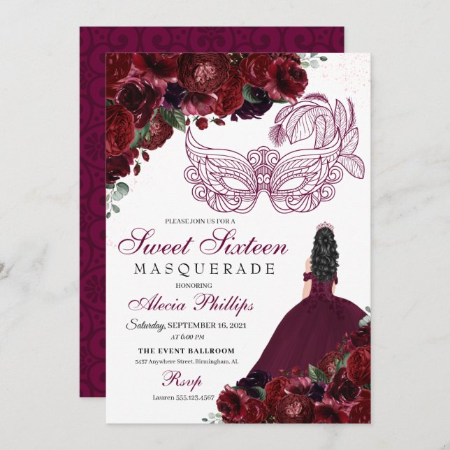 Bourgogne Floral Masquerade Sweet 16 Invitation (Devant / Derrière)